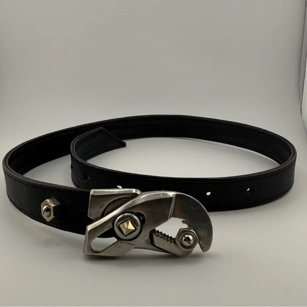 Black Leather Belt Industrial Tool Buckle Silver Hardware Adjustable Waist Belt